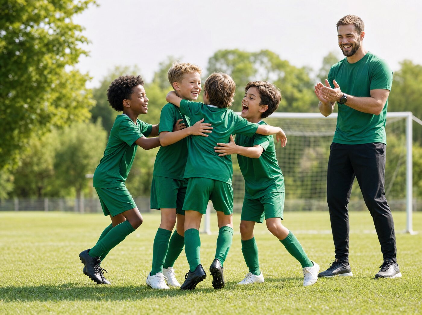 Children celebrating on a football pitch